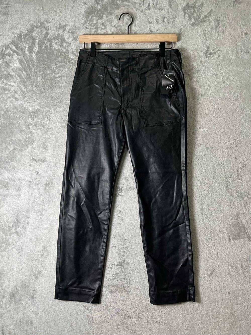 KUT From The Kloth Reese Black Faux Leather Ankle Straight Leg Pants Size 4P New